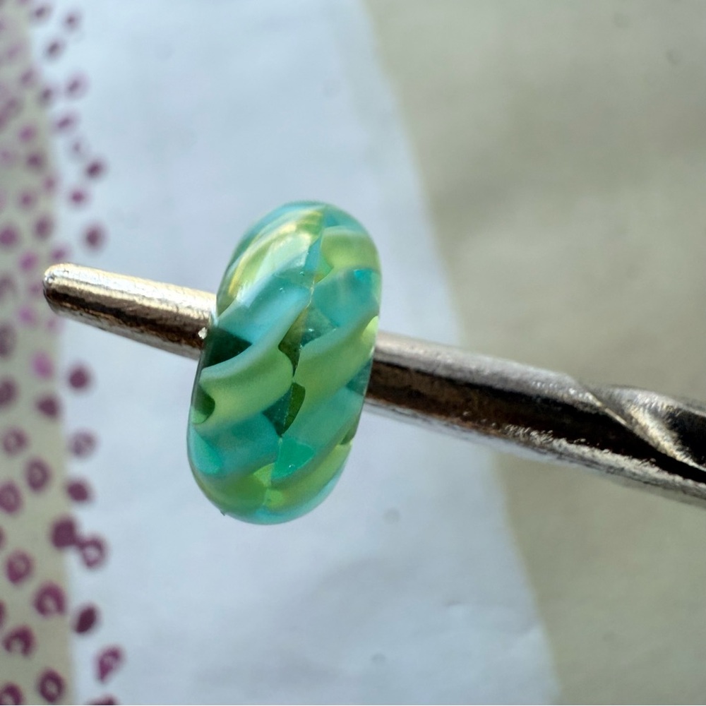 Early Trollbeads Sterling Silver Core Glass Bead – Aqua & Lime Ribbon Twist